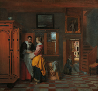 Schilderij met mevrouw en dienstmeisje bij een linnenkast